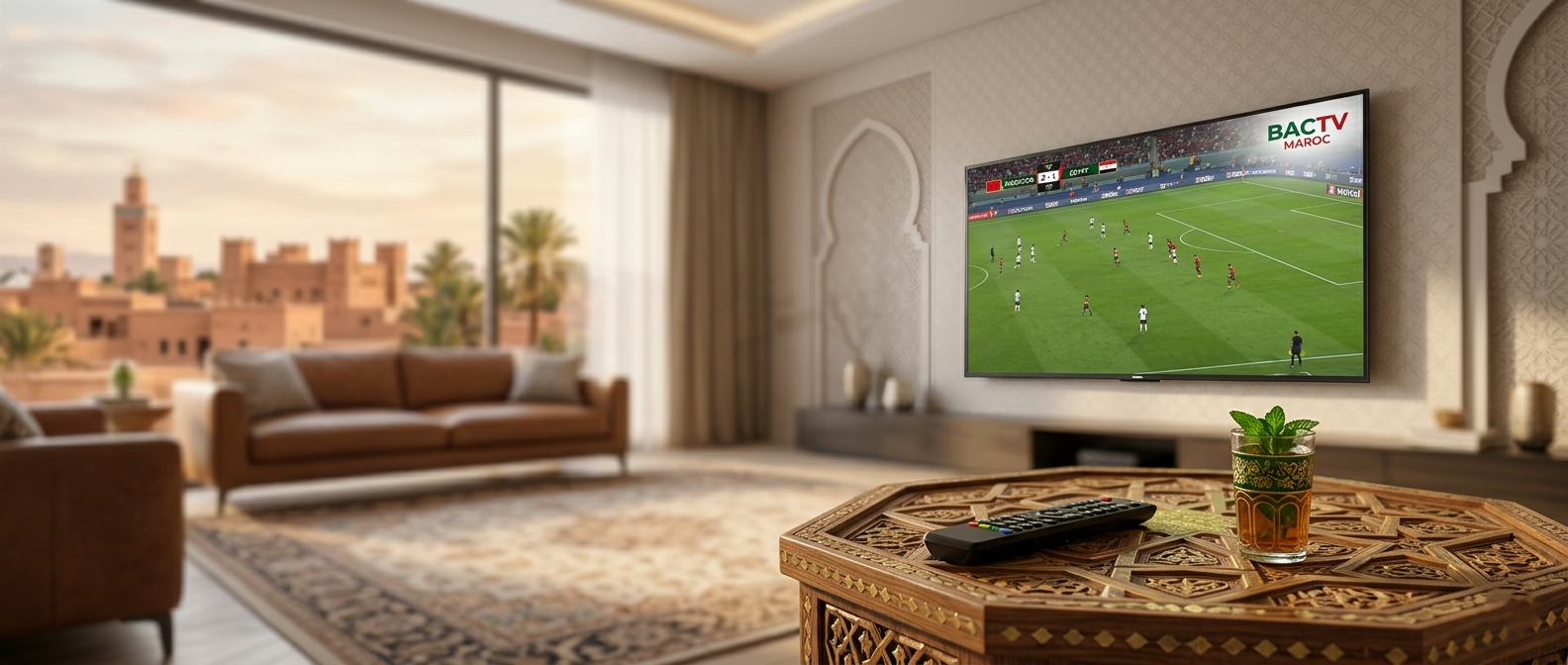 Salon marocain moderne avec Smart TV affichant IPTV